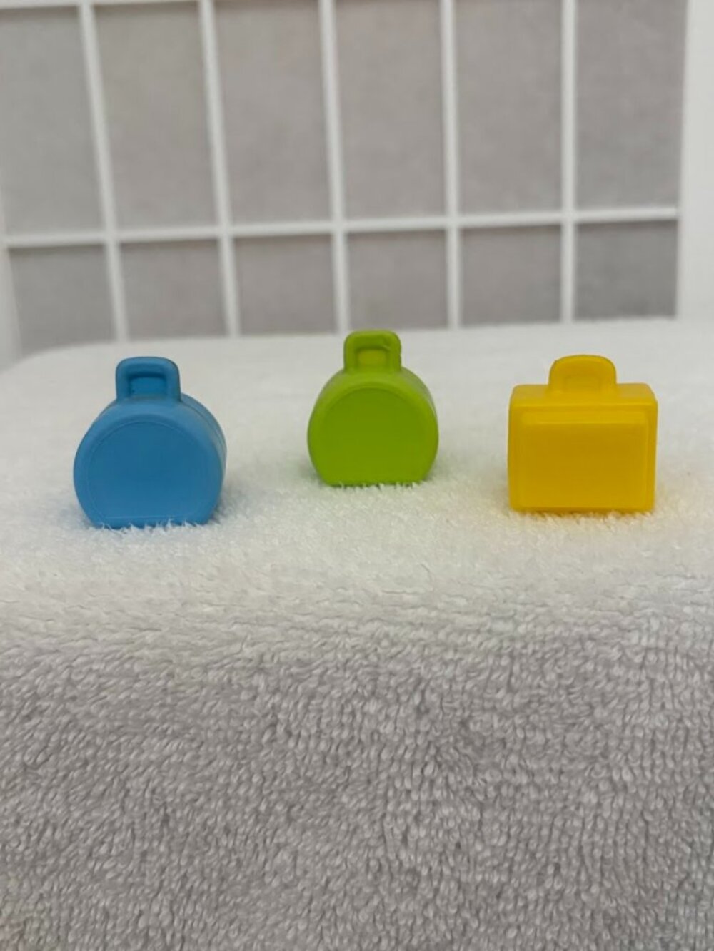3 Vintage 1970's Fisher Price Little People Airport Luggage Yellow, Green, Blue
